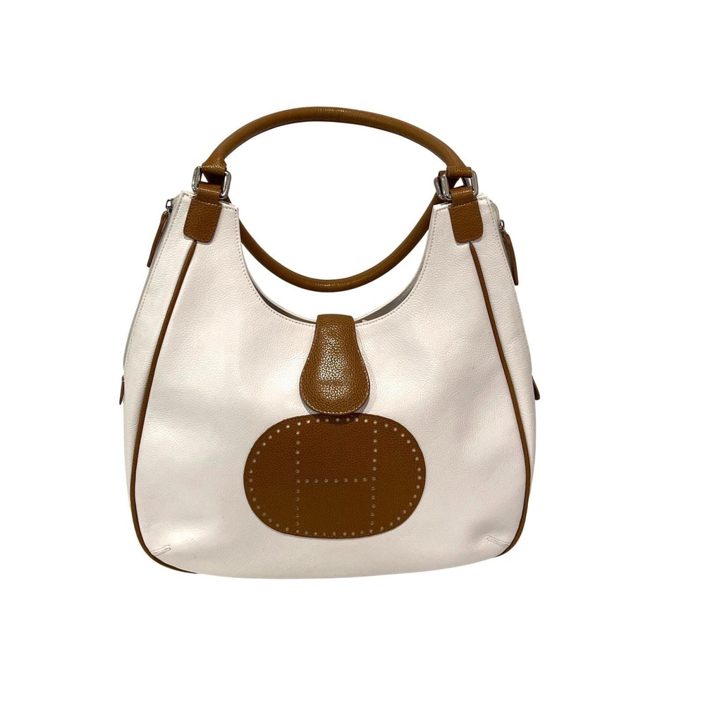 Ashneil Vintage Hobo Bag Large White Tan Leather Equestrian Preppy Logo Shoulder